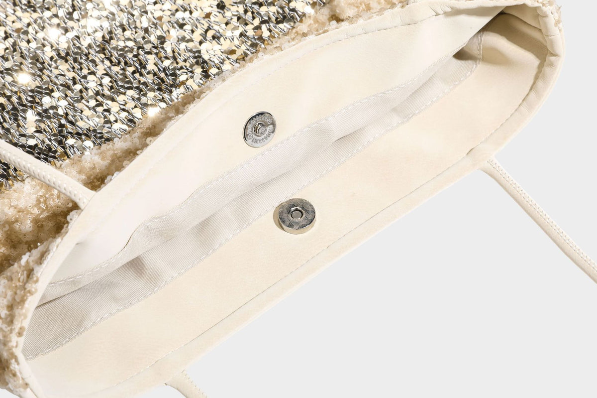Soft rectangular sequin tote bag with colorblock metallic panels and long slim shoulder straps, detail view 35