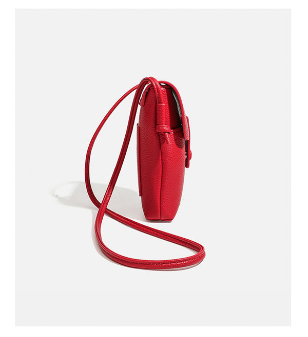 Kleine vertikale rechteckige Crossbody-Handytasche mit genarbter Lederoptik, abgerundetem Überschlag, Druckknopfverschluss mit Lasche und