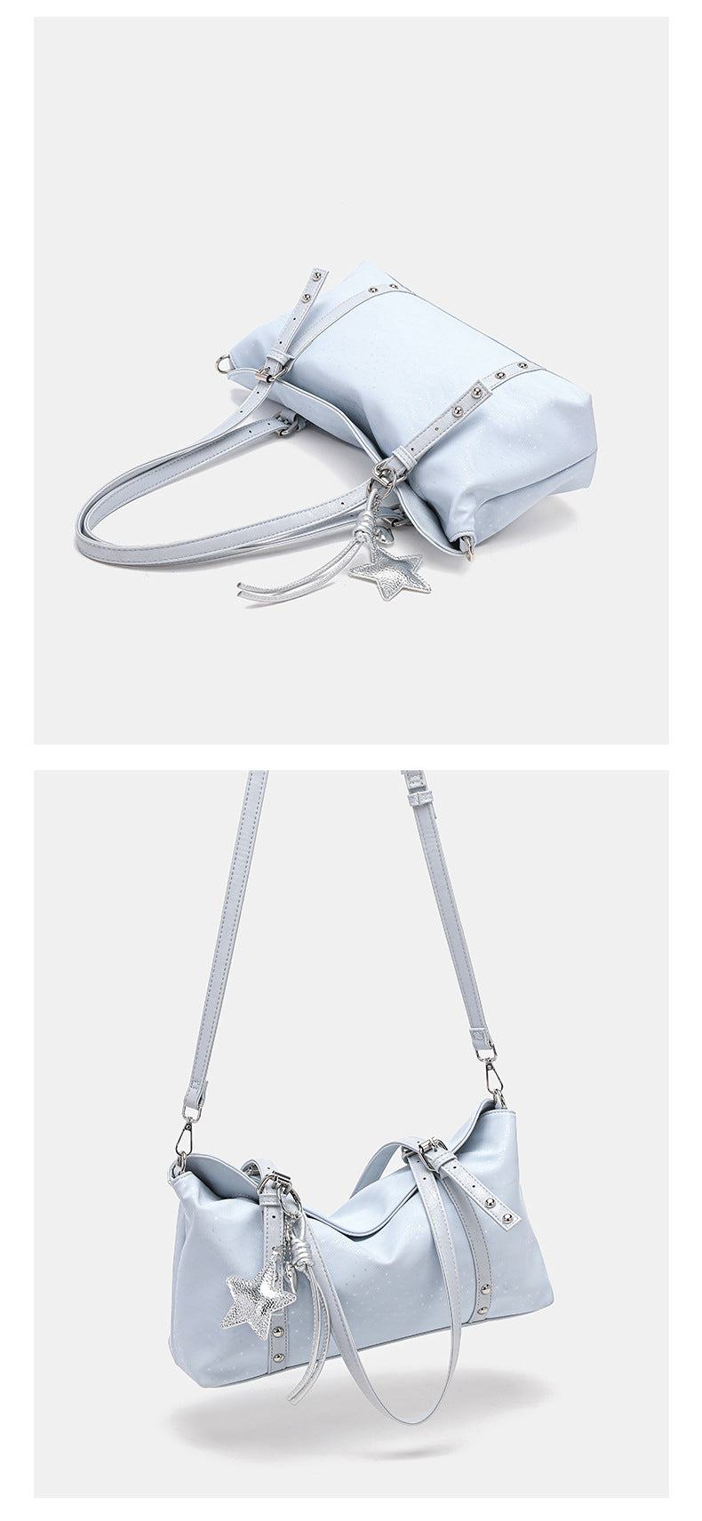 Slouchy leather-look shoulder tote bag with star charm pendant, silver-tone rivets and buckles, detail view 10