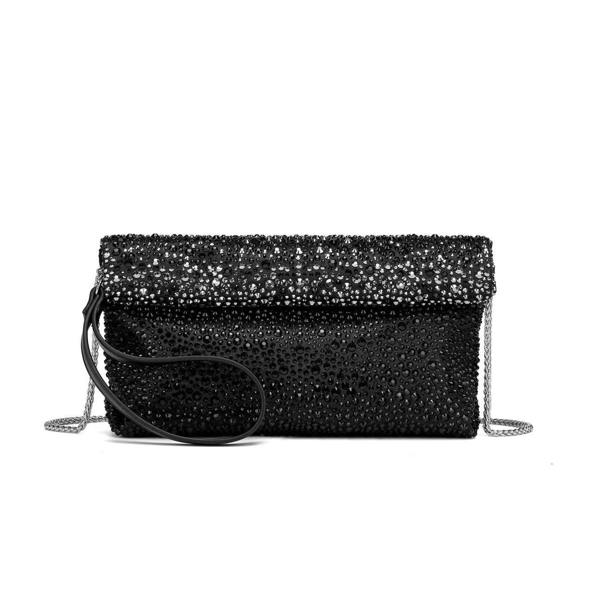 Mit Kristallen verzierte Foldover-Clutch mit Umschlagklappe und abnehmbarem Kettenriemen, Detailansicht 4