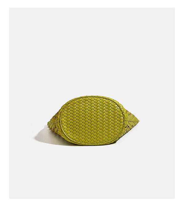 Open-weave lattice bucket tote bag with long knotted cord handles and tapered silhouette, detail view 17
