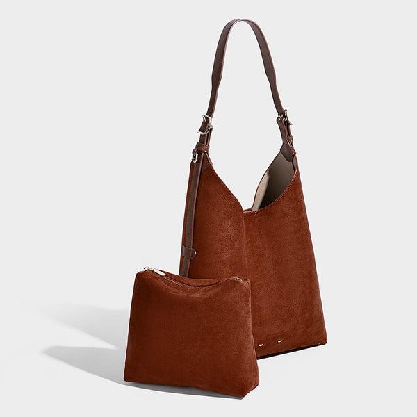 Large open-top hobo shoulder bag in tan leather-look finish with detachable zip pouch and adjustable buckle strap, detail