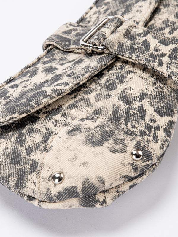 Small washed leopard print shoulder bag in blue-grey with silver buckle strap and stud accents, detail view 21