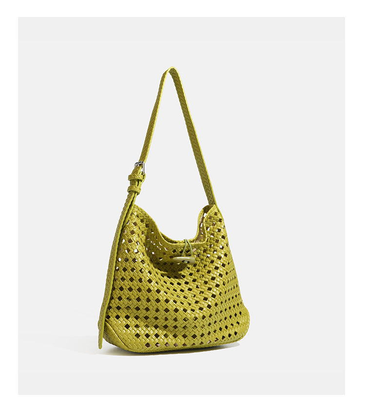 Brown open-lattice woven leather-look hobo shoulder bag with braided strap and matching zip pouch, detail view 21