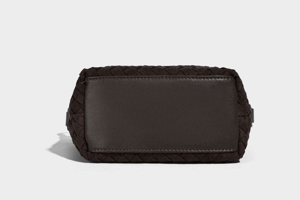 Small woven-texture crescent hobo bag in dark chocolate brown with top zip closure, gold-tone hardware, and adjustable