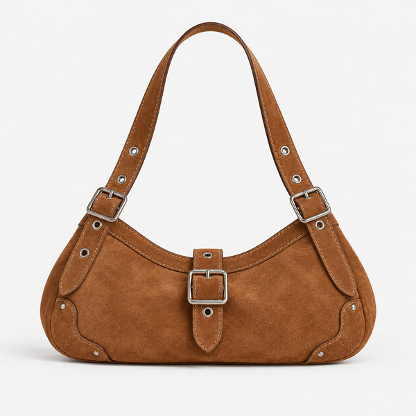 Geschwungene Hobo-Schultertasche mit matter Wildlederoptik, Riemen mit Schnalle in Silberoptik, Ösen, Nieten und Reißverschluss, Detailansicht