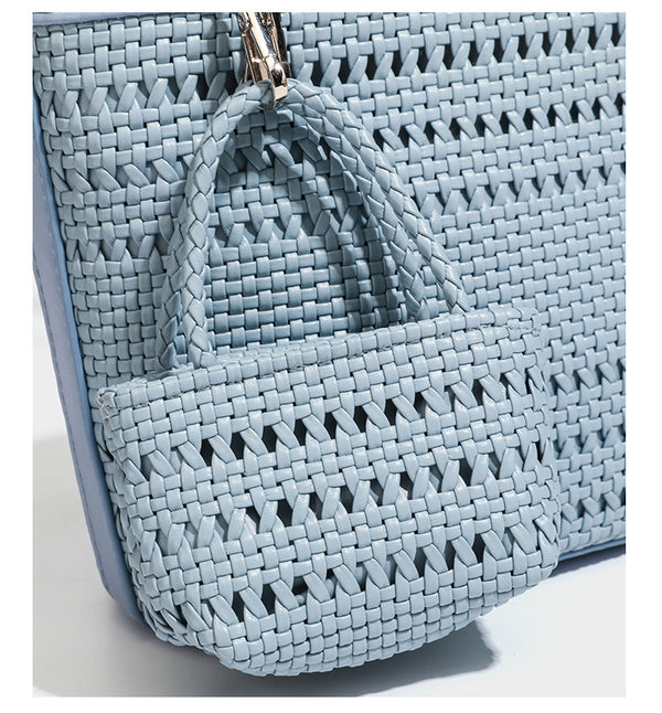 Structured open-weave tote bag with smooth leather-look trim, double top handles, detachable crossbody strap, and mini zip