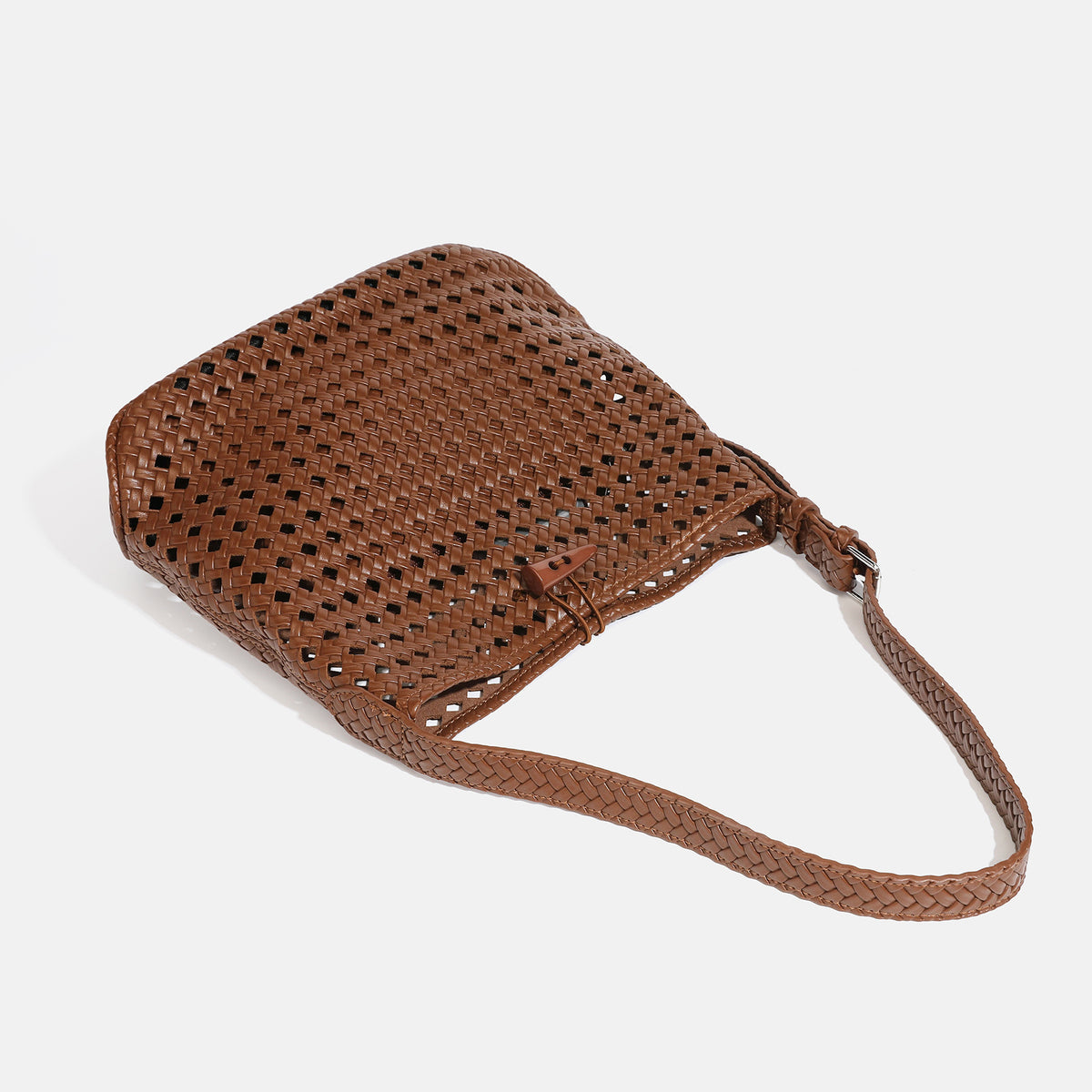Brown open-lattice woven leather-look hobo shoulder bag with braided strap and matching zip pouch, detail view 4