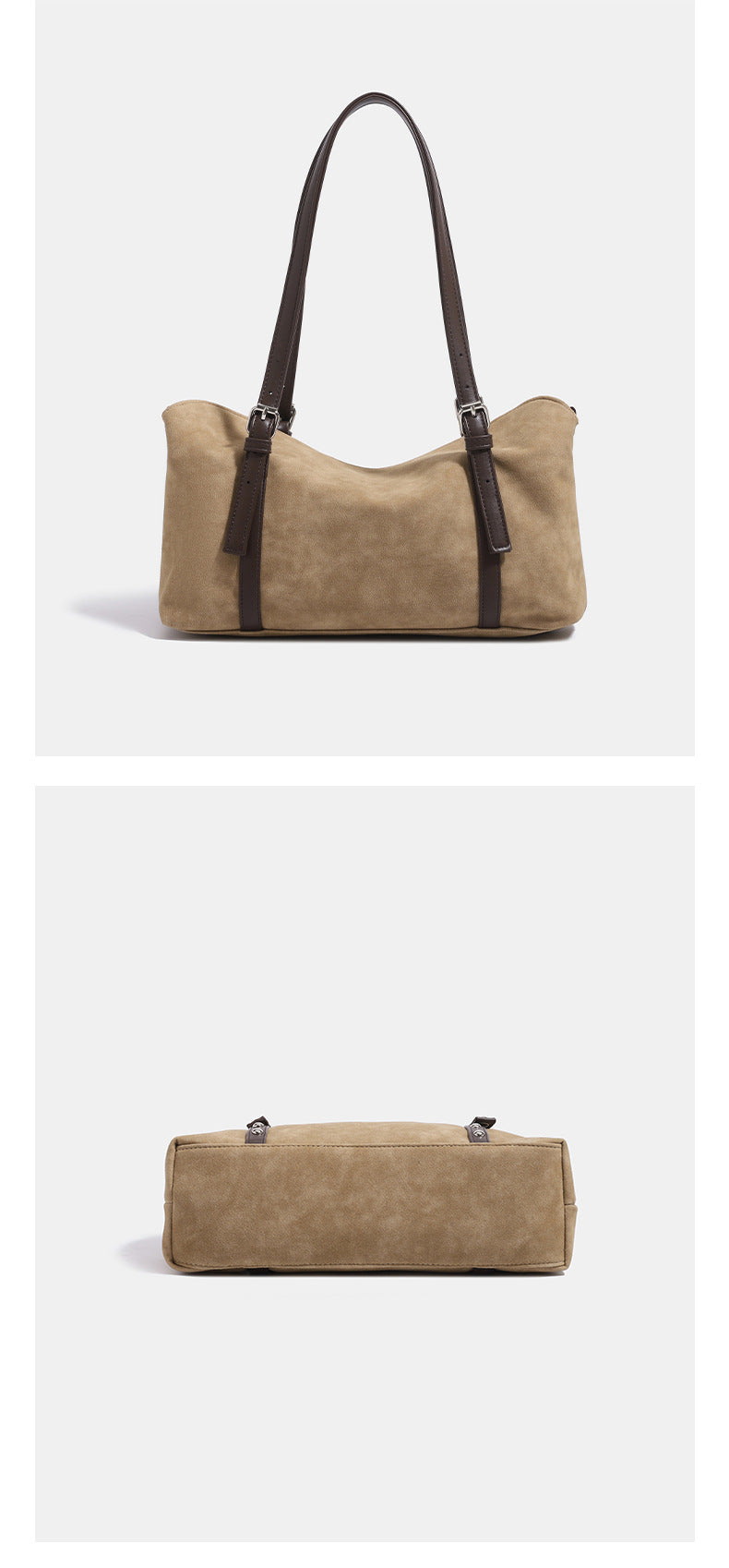 Soft slouchy suede-look shoulder tote with dark brown leather-look trim, silver-tone stud hardware, and attached snap-front