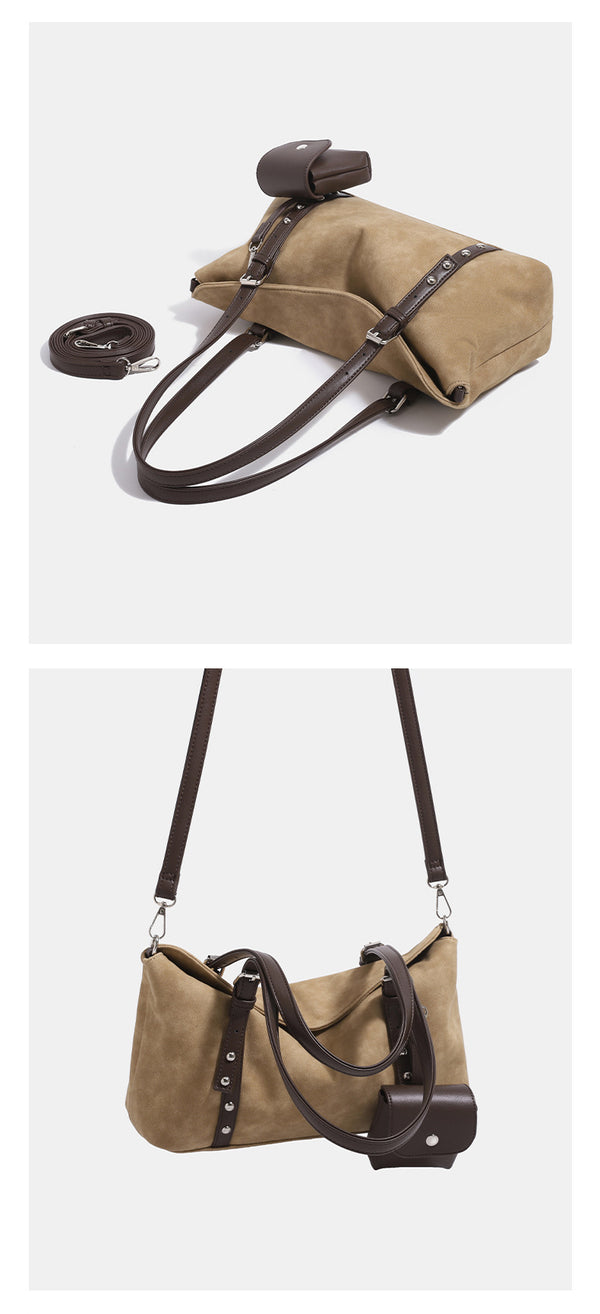 Soft slouchy suede-look shoulder tote with dark brown leather-look trim, silver-tone stud hardware, and attached snap-front
