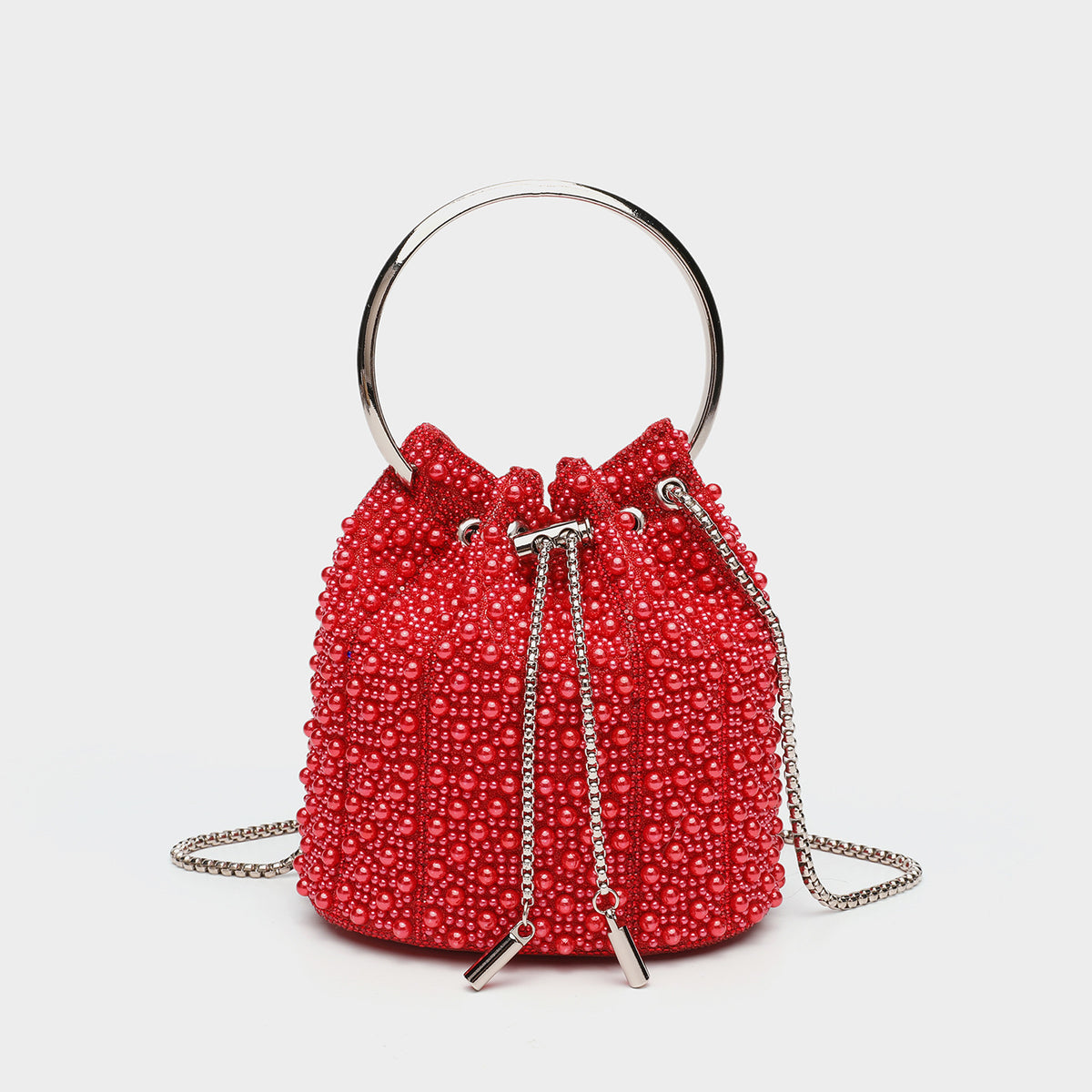Small pearl-beaded drawstring bucket bag with silver-tone ring top handle and chain shoulder strap, detail view 10