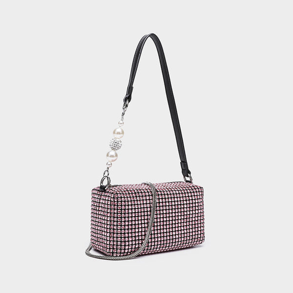 Small rectangular all-over rhinestone crossbody bag with pearl bead zipper pull and detachable silver chain strap, detail