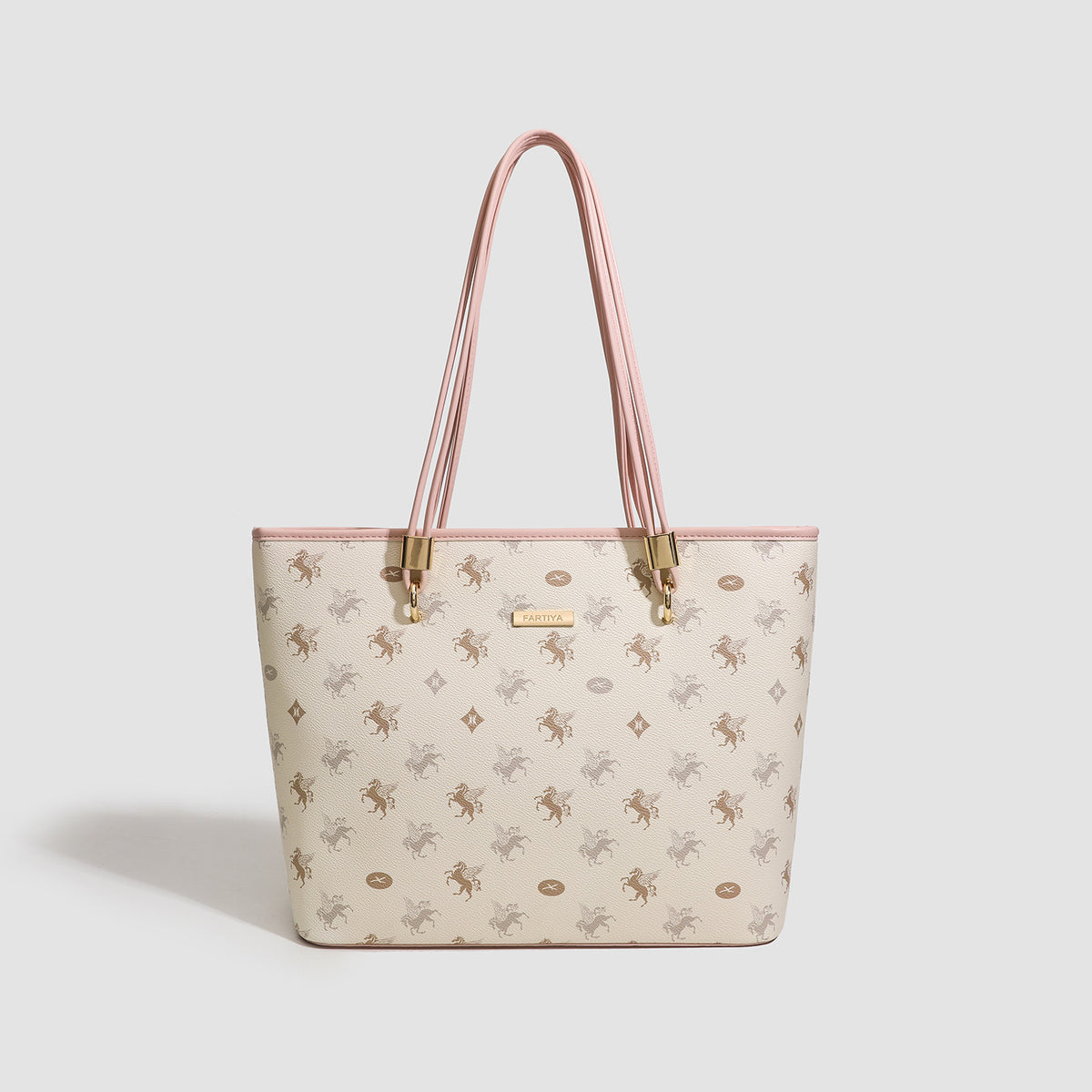 Cream structured tote bag with allover horse-and-crest print, blush-pink leather-look double shoulder straps, gold-tone