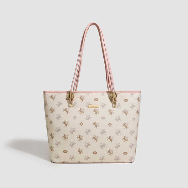 Cream structured tote bag with allover horse-and-crest print, blush-pink leather-look double shoulder straps, gold-tone
