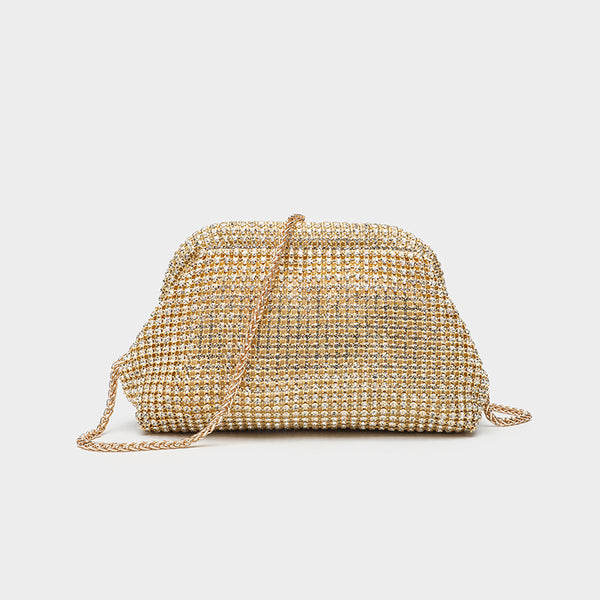 Small crystal rhinestone clutch crossbody bag with silver-tone chain strap and frame-clip closure, detail view 24