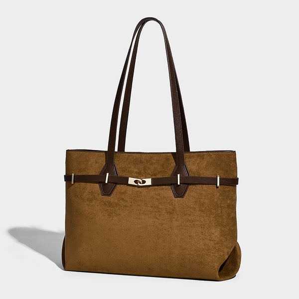 Structured suede-look shopper tote with wraparound belt strap and gold turn-lock clasp, long dark brown shoulder handles