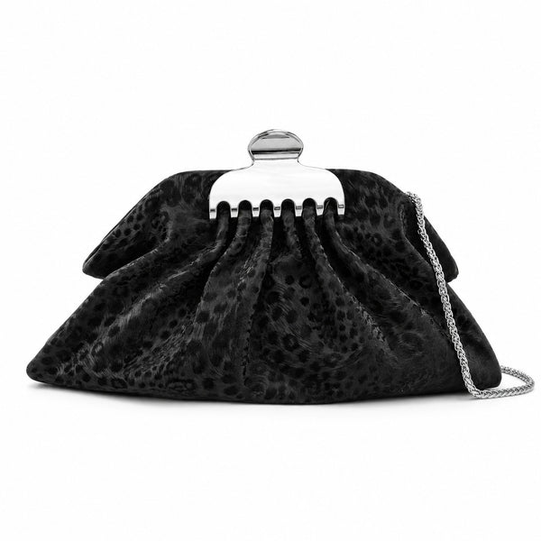 Gathered pouch clutch bag in metallic silver with polished silver-tone frame clasp and fine chain strap, detail view 8