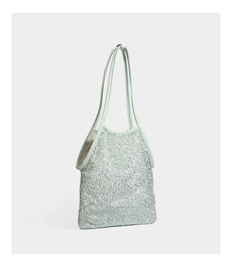 Kleine Schulter-Tote-Bag mit Pailletten, langem Metallic-Riemen und trapezförmiger Silhouette, Detailansicht 18