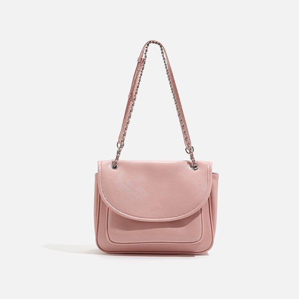 Structured glossy leather-look flap shoulder bag with silver-tone chain strap, detail view 8