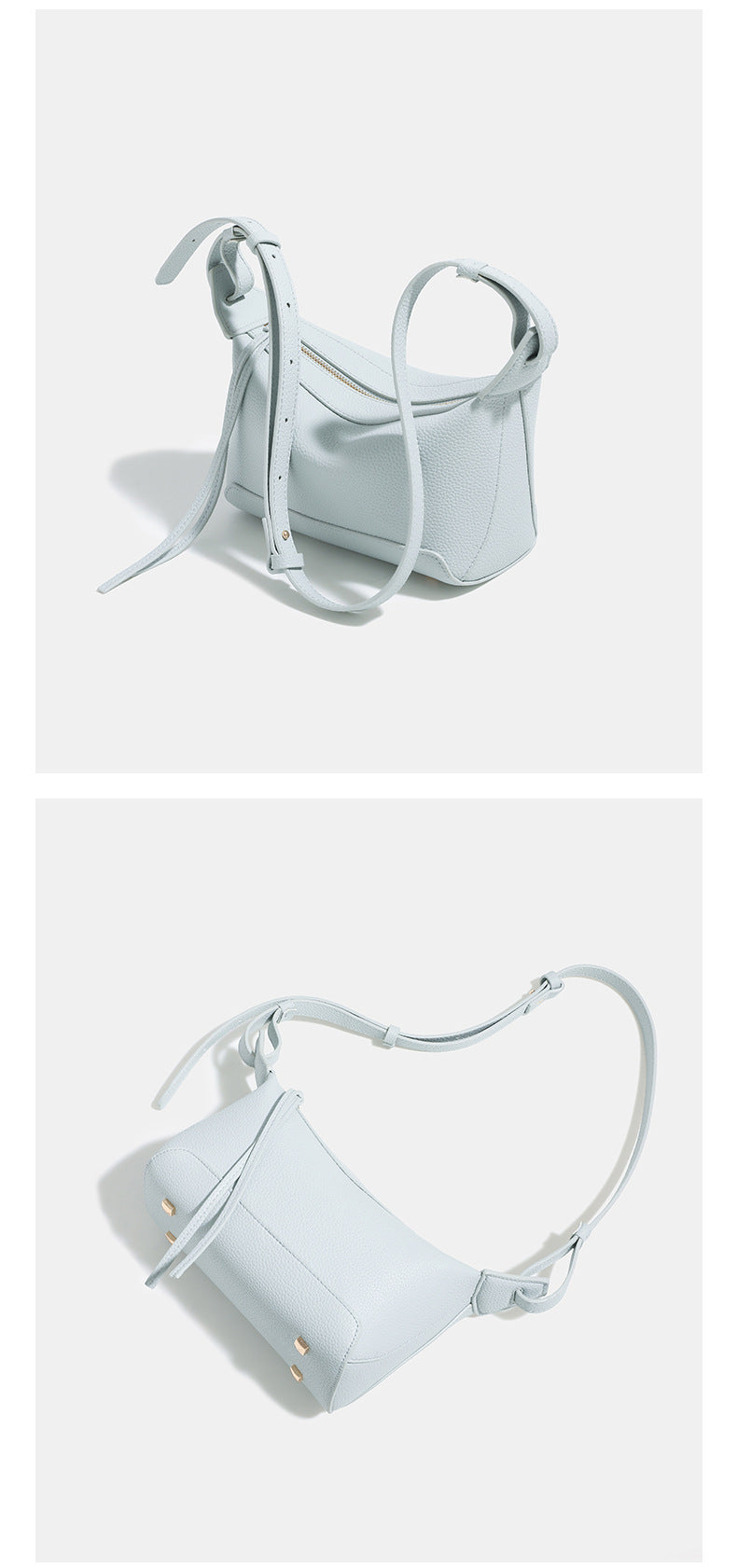 Small structured mini crossbody shoulder bag with pebbled texture, knotted adjustable strap, top zip closure, and gold-tone