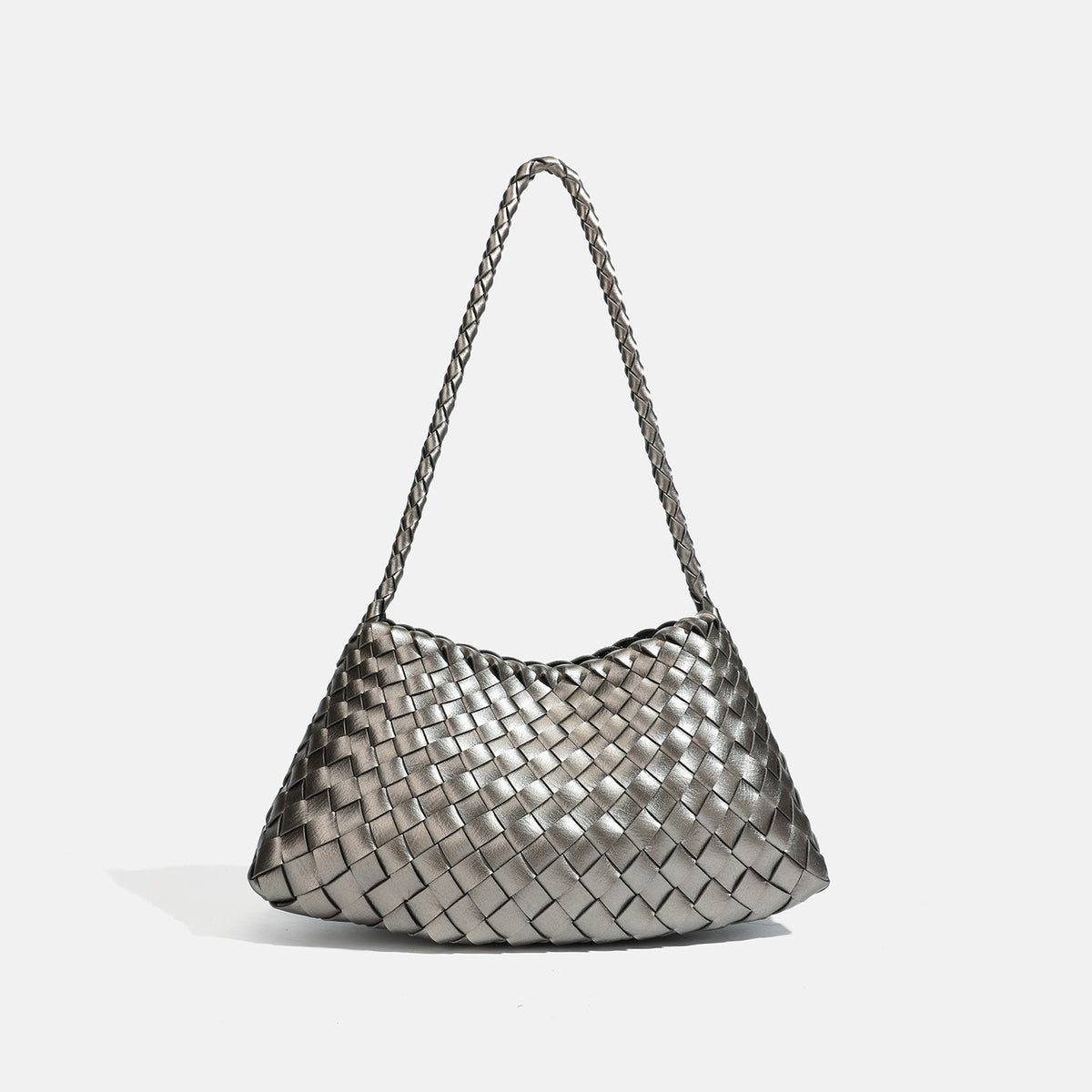 Dark brown hand-woven leather-look hobo shoulder bag with braided strap and drawstring closure, detail view 9