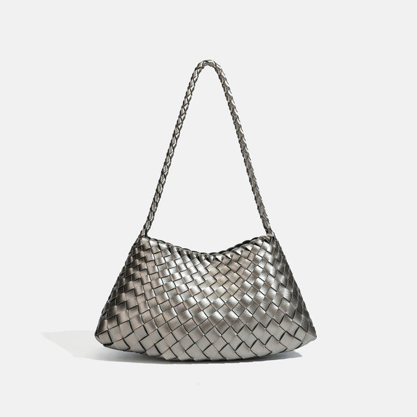 Dark brown hand-woven leather-look hobo shoulder bag with braided strap and drawstring closure, detail view 9