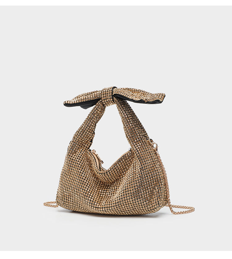 Schultertasche mit rundum besetzter Kristall-Strass-Schleife, Kettenriemen und Reißverschluss, Detailansicht 13