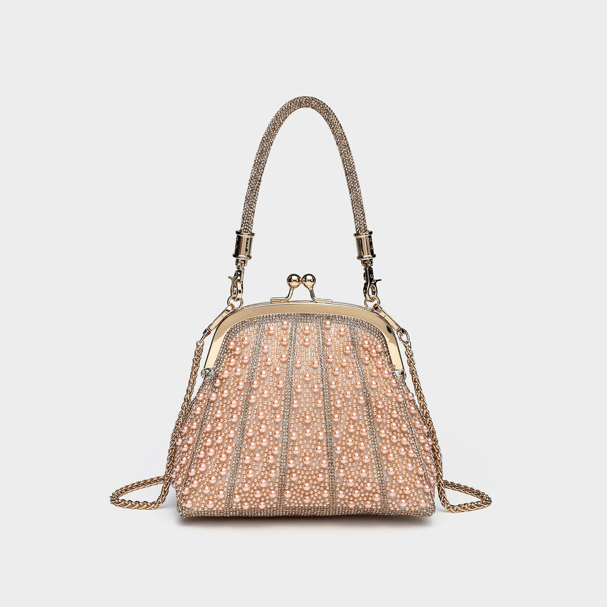 Structured trapezoid evening bag with all-over pearl and rhinestone embellishment, silver-tone kiss-lock frame closure