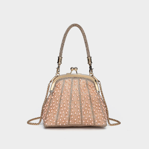 Strukturierte Trapez-Abendtasche mit rundum aufgesetzten Perlen und Strasssteinen sowie silberfarbenem Bügelverschluss
