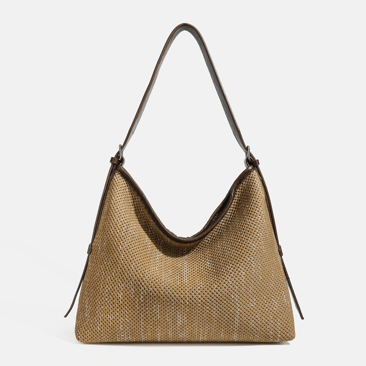 Large slouchy woven shoulder bag with dark brown leather-look trim and adjustable strap, detail view 6