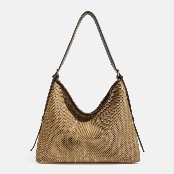 Large slouchy woven shoulder bag with dark brown leather-look trim and adjustable strap, detail view 6