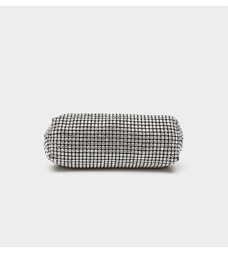Small crystal rhinestone clutch crossbody bag with silver-tone chain strap and frame-clip closure, detail view 17