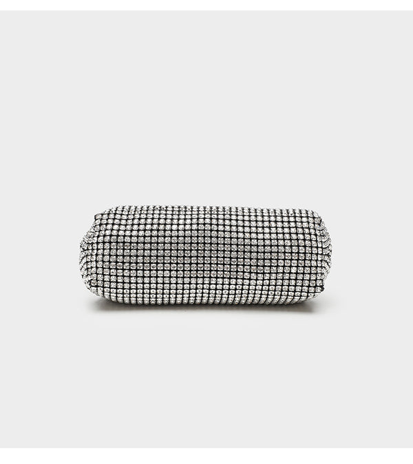 Small crystal rhinestone clutch crossbody bag with silver-tone chain strap and frame-clip closure, detail view 17