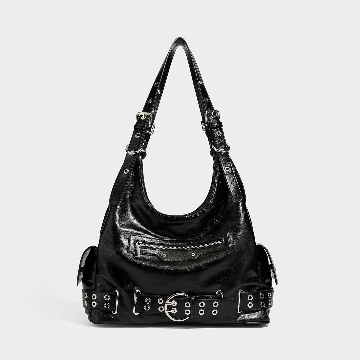 Large glossy black hobo shoulder bag with silver-tone grommet belt base, buckle hardware, front zip pocket, and dual, detail