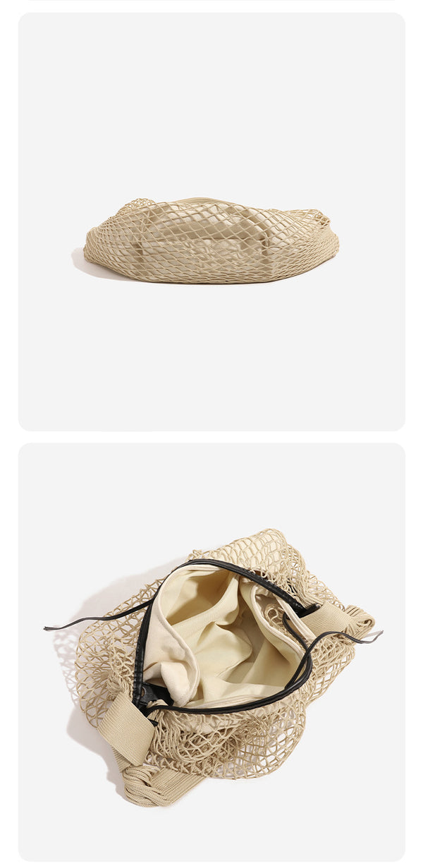 Abgerundete Hobo-Schultertasche aus Kordel-Mesh mit offenem Gittermuster, geflochtenem Textilriemen und schwarzem Kordelzugdetail am oberen Rand, Detailansicht 11