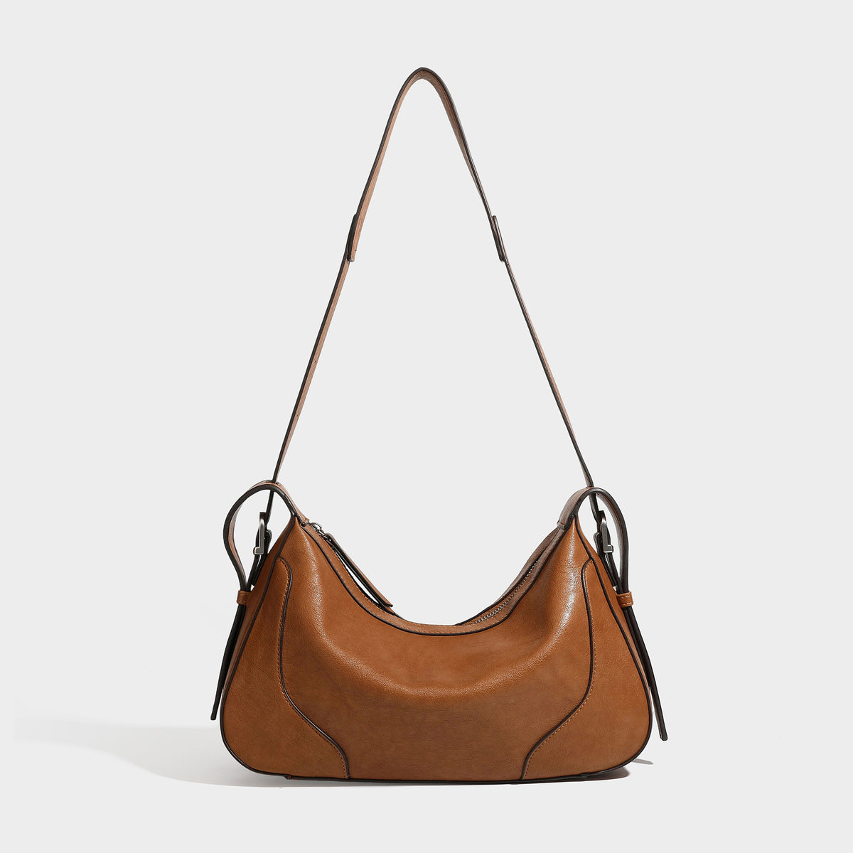 Dark brown curved zip-top hobo shoulder bag with slim adjustable strap and silver-tone hardware, detail view 8