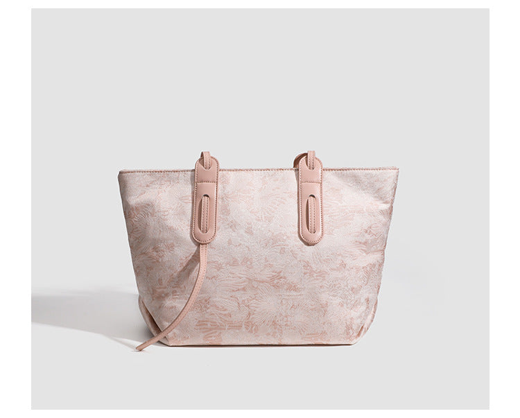 Large structured floral jacquard tote bag with long leather-look shoulder strap, detail view 11
