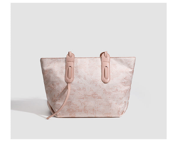 Large structured floral jacquard tote bag with long leather-look shoulder strap, detail view 11