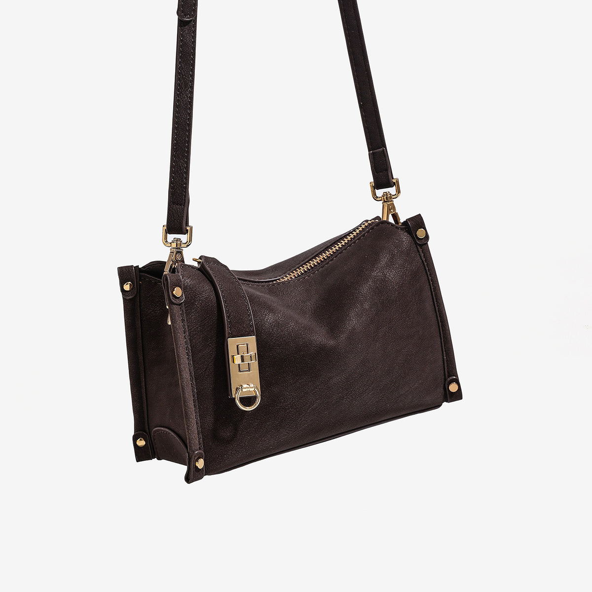 Small structured square handbag in deep dark brown matte pebbled finish with gold-tone turn-lock clasp, top zipper, corner
