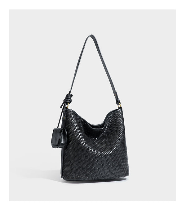 Woven-look slouchy hobo shoulder bag in brown with attached mini pouch and gold-tone hardware, detail view 21