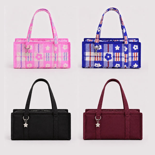 Structured rectangular retro plaid mini handbag with flower and star appliqués, silver star charm, and twin top handles