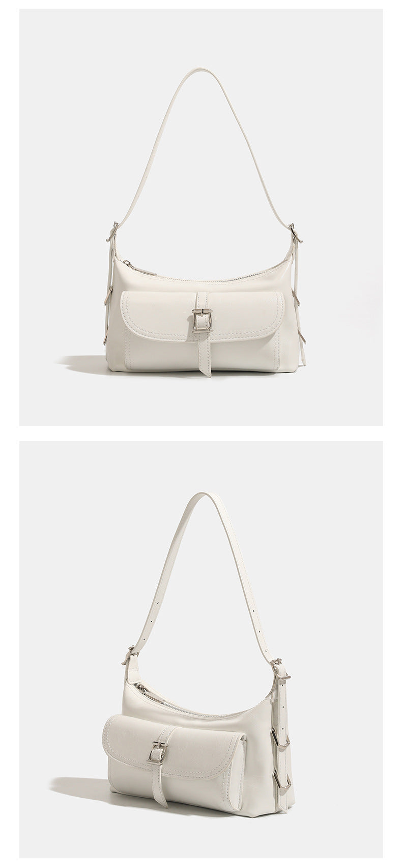 Compact glossy oil-wax leather-look shoulder bag with front buckle flap pocket and gold-tone hardware, detail view 10