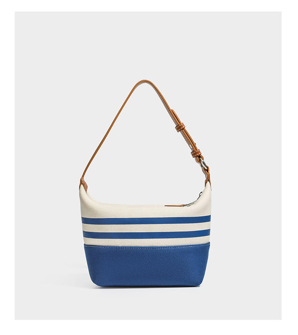 Creme-blau gestreifte Canvas-Schultertasche mit hellbraunem Riemen in Lederoptik und Reißverschluss in Silberoptik, Detailansicht 11
