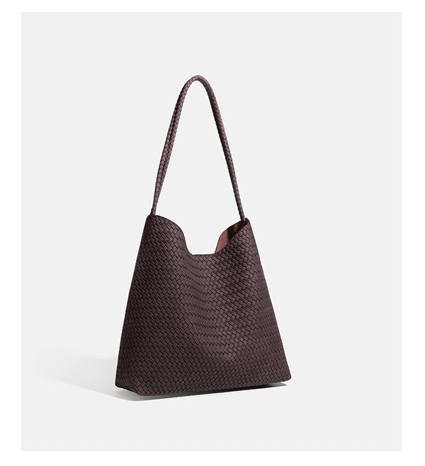 Large woven hobo shoulder bag with braided strap and matching zip pouch in dark brown, detail view 12