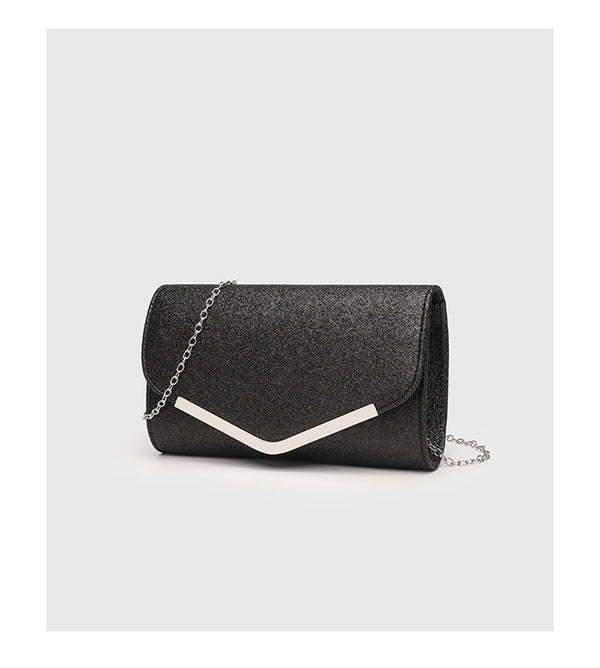 Structured glitter envelope clutch bag with gold-tone V-bar hardware and detachable chain strap, detail view 12