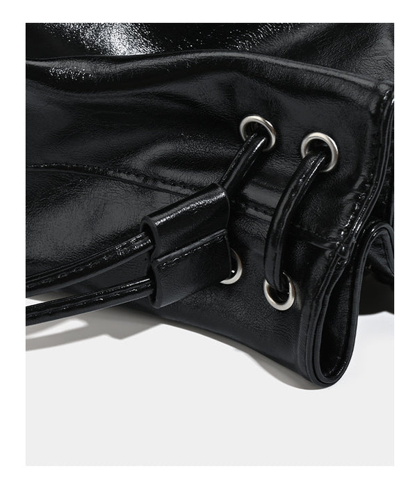 Glossy leather-look drawstring bucket bag with silver dome studs and chain shoulder strap, detail view 15