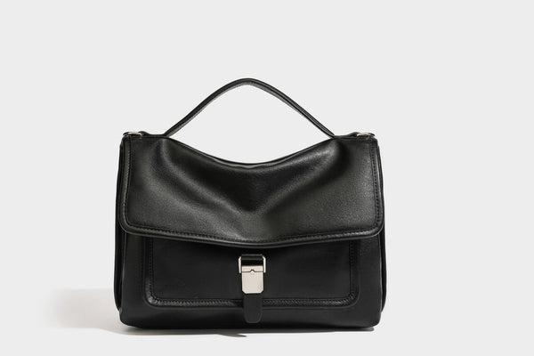 Structured rectangular satchel bag in dark espresso brown with smooth leather-look finish, flap front with silver turn-lock