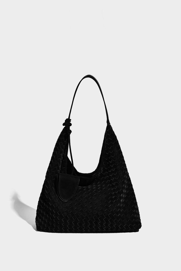Slouchy woven hobo shoulder bag with knotted strap and matte leather-look textured finish, detail view 17