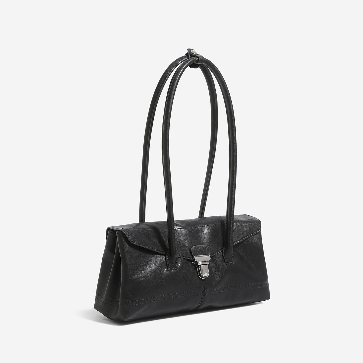 Compact structured rectangular flap shoulder bag with silver-tone turn-lock clasp and long rounded handles, detail view 3