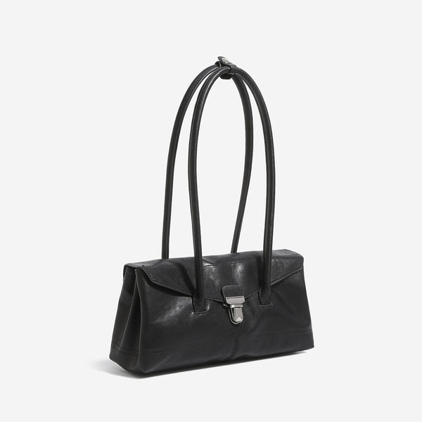 Compact structured rectangular flap shoulder bag with silver-tone turn-lock clasp and long rounded handles, detail view 3
